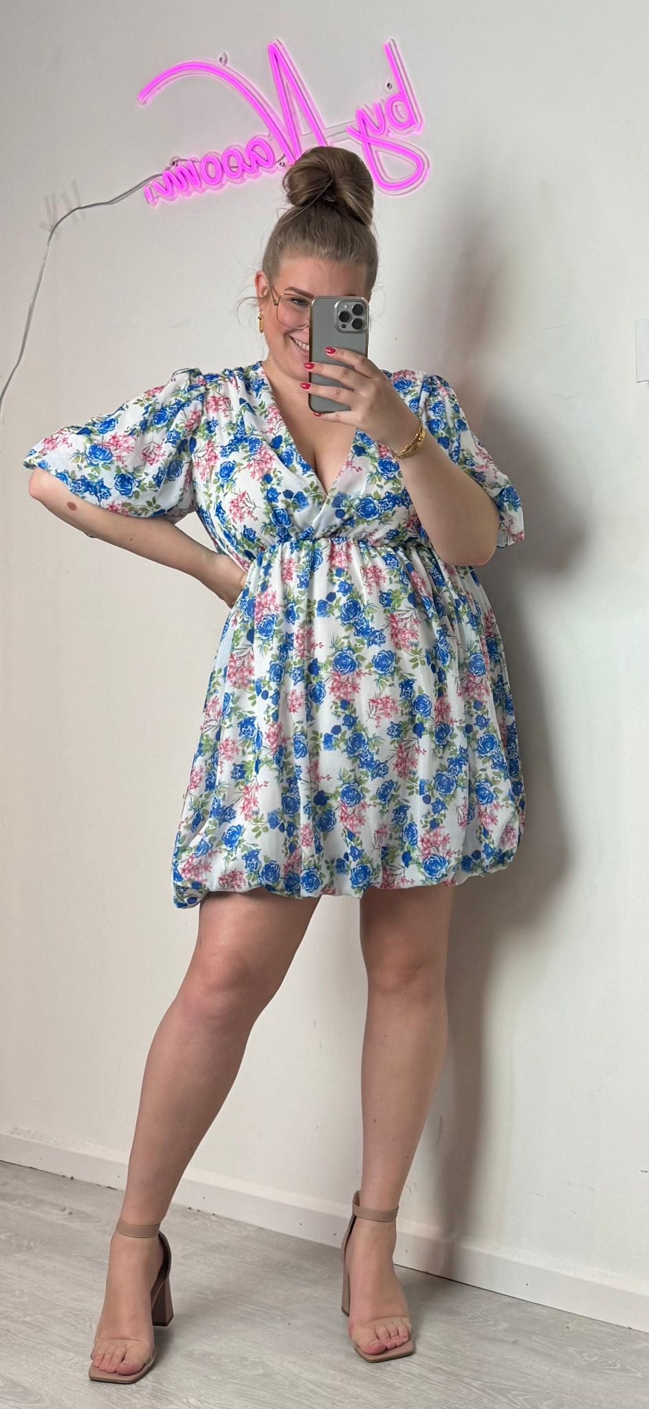 459-30 Bloemen jurkje donkerblauw maat XL t/m 4XL